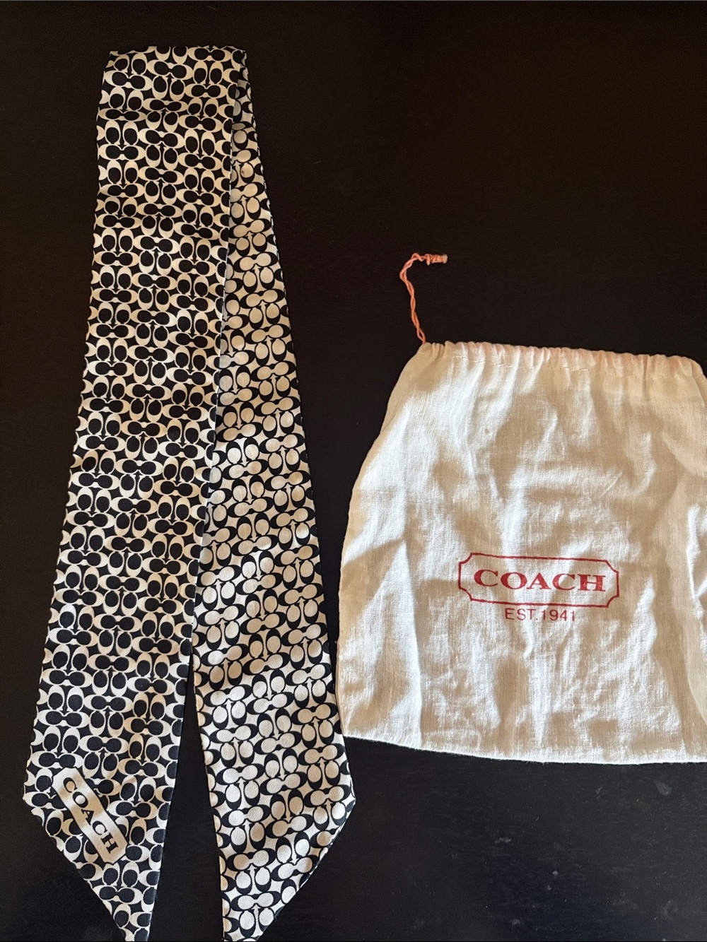 Coach Black and White Signature Pattern Silk Tilly Scarf Tie